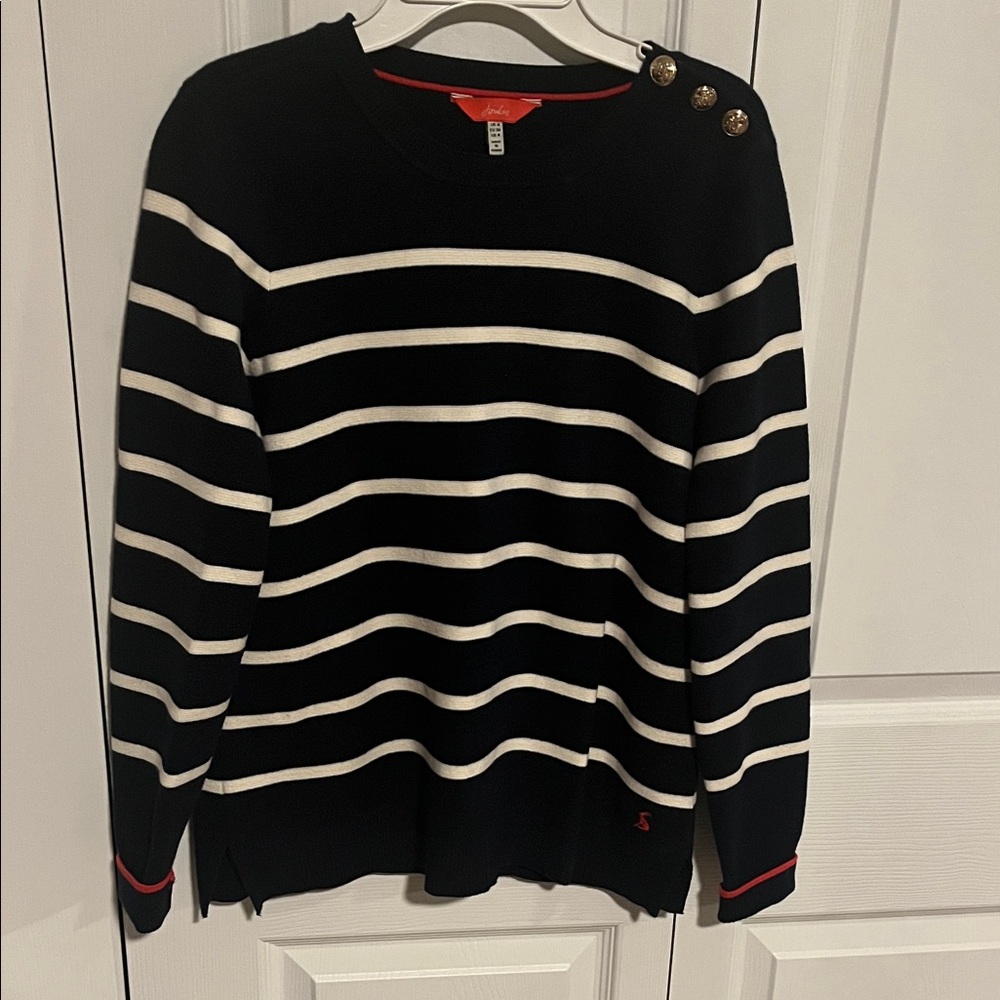 Joules Navy and White Striped Sweater with Button Accents